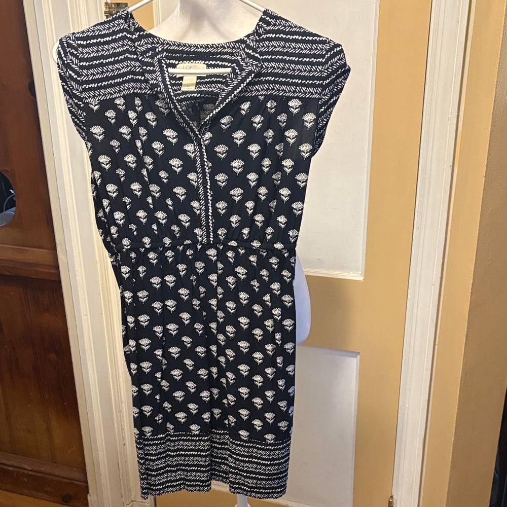 LOFT Navy and White Patterned Dress